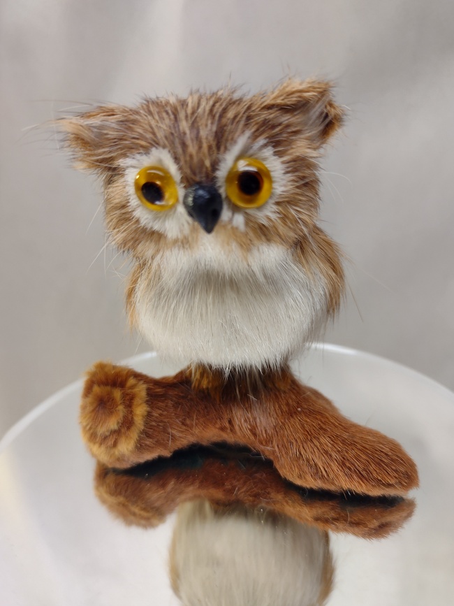 Fur Owl on Log Figure Figurine Furry Animals collectible Wild Birds