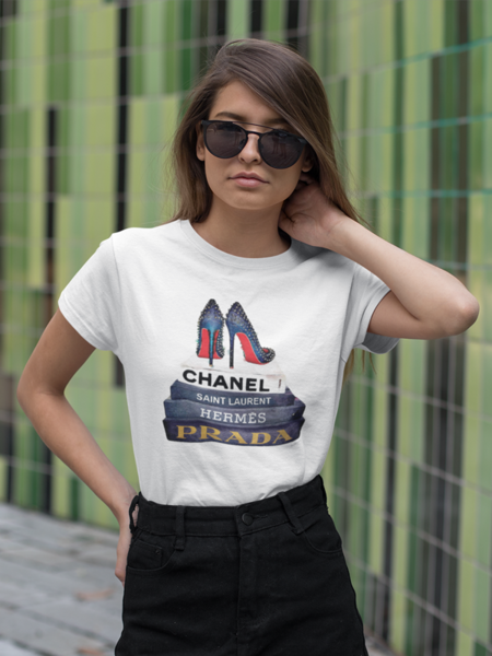Stack Of Fashion Books With Spiked Shoes Women T-shirt