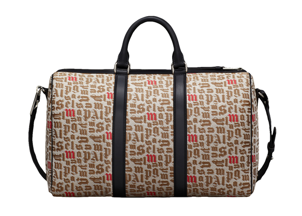 Printed Duffle Bag Logo Pattern Jacquard Beige/Black in Cotton with Silver-tone