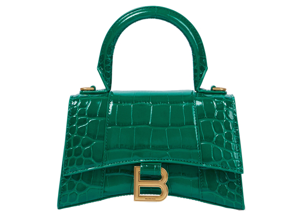 Hourglass XS Top Handle Bag Crocodile Embossed Green in Calfskin Leather with Gold-tone