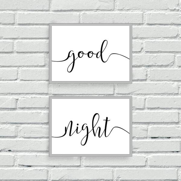 Bedroom wall art, bedroom wall decor, good night, script font, calligraphy wall prints, set of two, black and white, home decor
