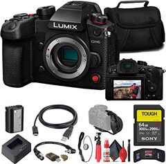 Panasonic Lumix GH6 Mirrorless Camera (DC-GH6BODY) +  64GB Tough SD Card + Card Reader + Case + Flex Tripod + Hand Strap + Memory Wallet + Cap Keeper + Cleaning Kit (Renewed)