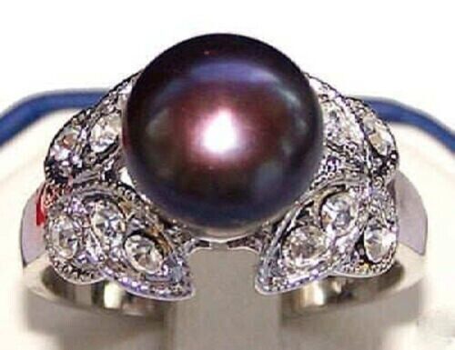 9mm Noblest Natural Black Akoya Cultured Pearl Butterfly Ring Size:8-9