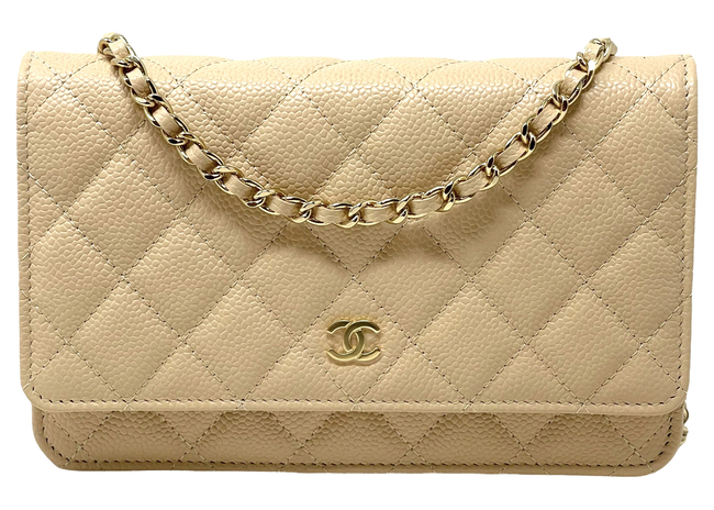 Classic Quilted Caviar Leather WOC Wallet Crossbody Bag Beige in Leather with Gold-tone