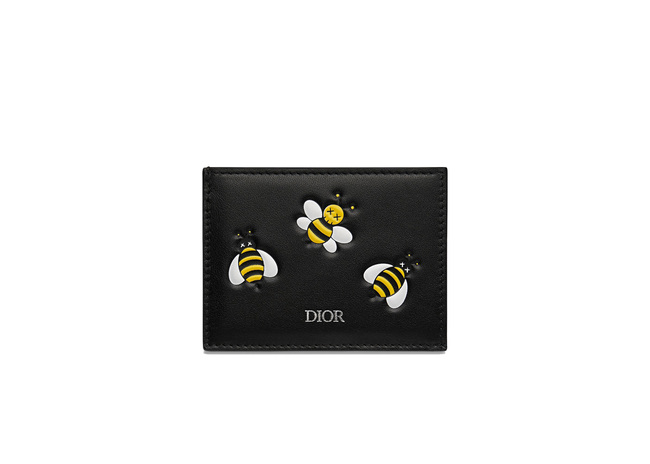 Card Holder With Pocket Yellow Bees Black In Calfskin