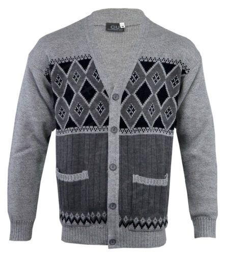 Mens Classic Button Cardigan Argyle Grandad Top Knitwear S-5XL