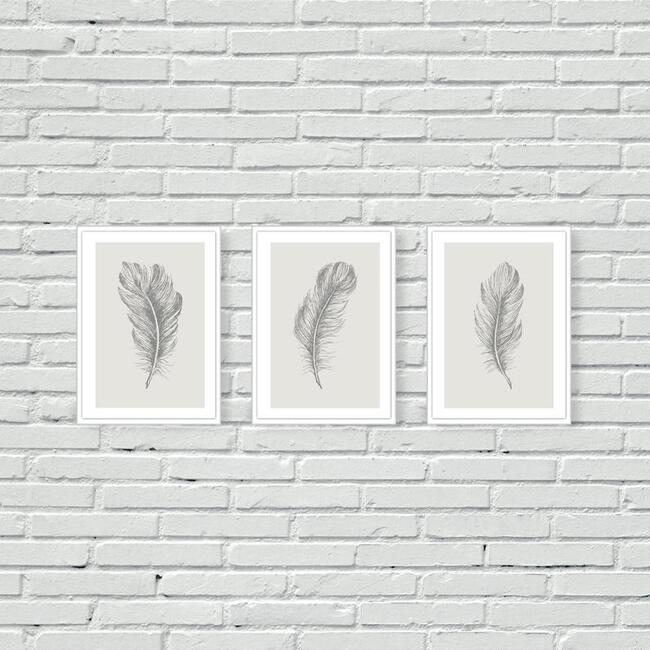 Set of 3 Grey Feathers wall art, prints, living room decor, above sofa, sketched, wall prints, home, house, pink, beige, dark grey