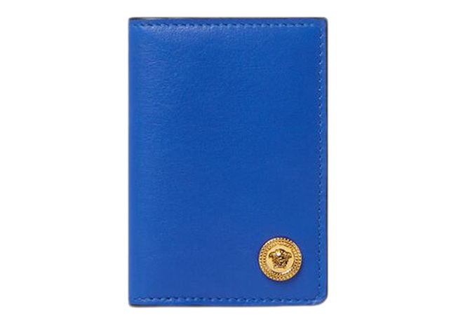 Medusa Biggie (6 Card Slot 1 Cash Compartments) Bi-Fold Card Holder Royal Blue/Gold in Calf Leather with Gold-tone
