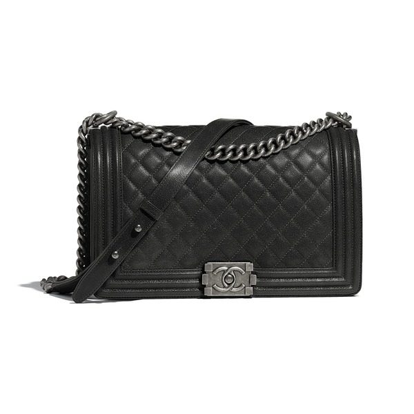 Boy Handbag Quilted Ruthenium-tone Large Charcoal in Grained Calfskin with Ruthenium-tone