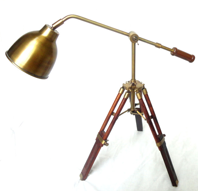 Table Lamp With Wooden Tripod Stand, Antique Brass Table Lamp, Nautical Lamp, Office/Home Decor Table Lamp/Brass Table Lamp/Table Lamp
