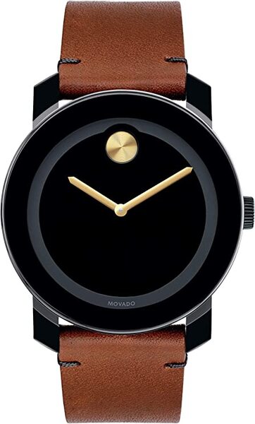 Movado Men's BOLD TR90 Watch with a Sunray Dot and Leather Strap, Black/Gold (Model 3600305)