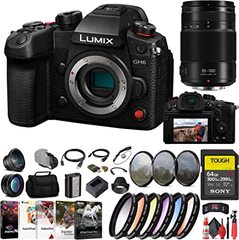 Panasonic Lumix GH6 Mirrorless Camera (DC-GH6BODY) + Panasonic 35-100mm Lens +  64GB Tough SD Card + Color Filter Kit + Filter Kit + Wide Angle Lens + Telephoto Lens + Lens Hood + More (Renewed)