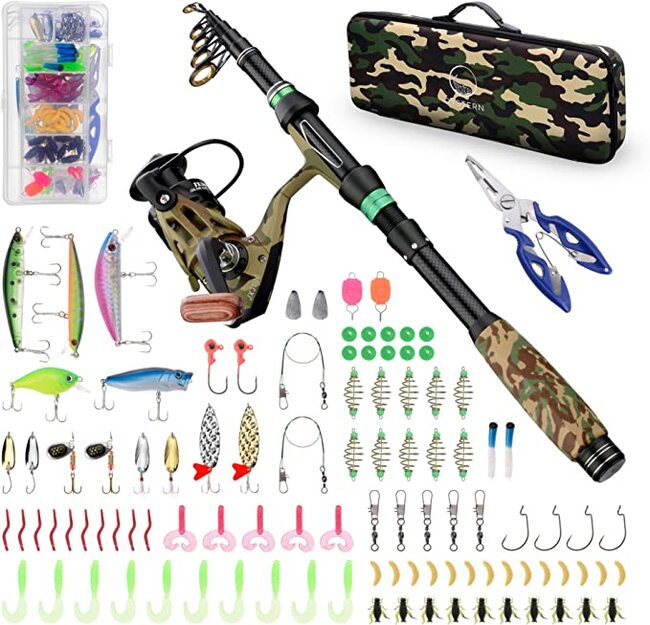 Oystern Telescopic Fishing Rod and Reel Combo with 103-Pc. Tackle Box Lure Set, Ultralight Fish Pole, Smooth Spinning Reel, 36-lb. Line, Camouflage Travel Bag, Kids and Adults